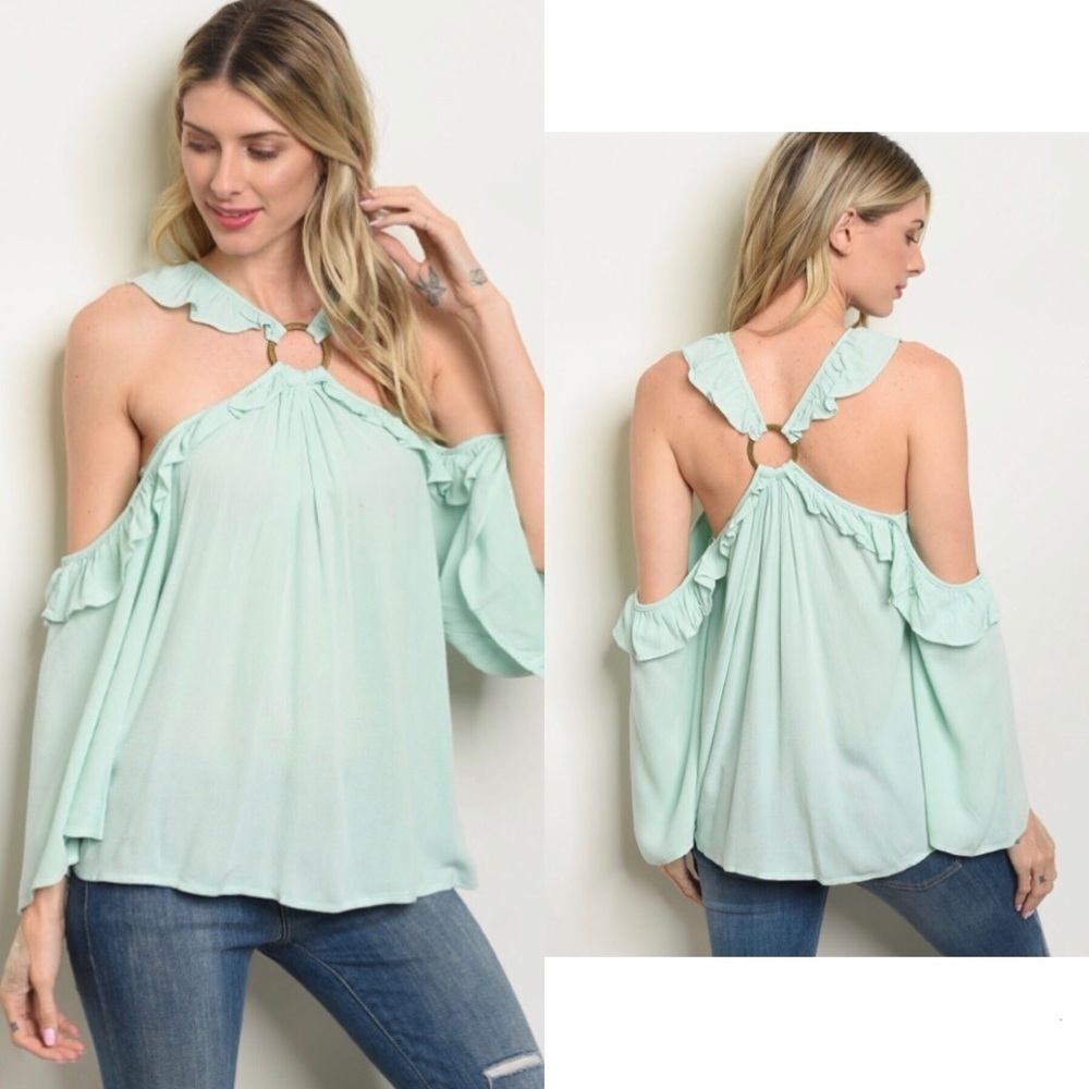 💙 5 for $25 - Mint Cold Shoulder Halter Ruffle Top